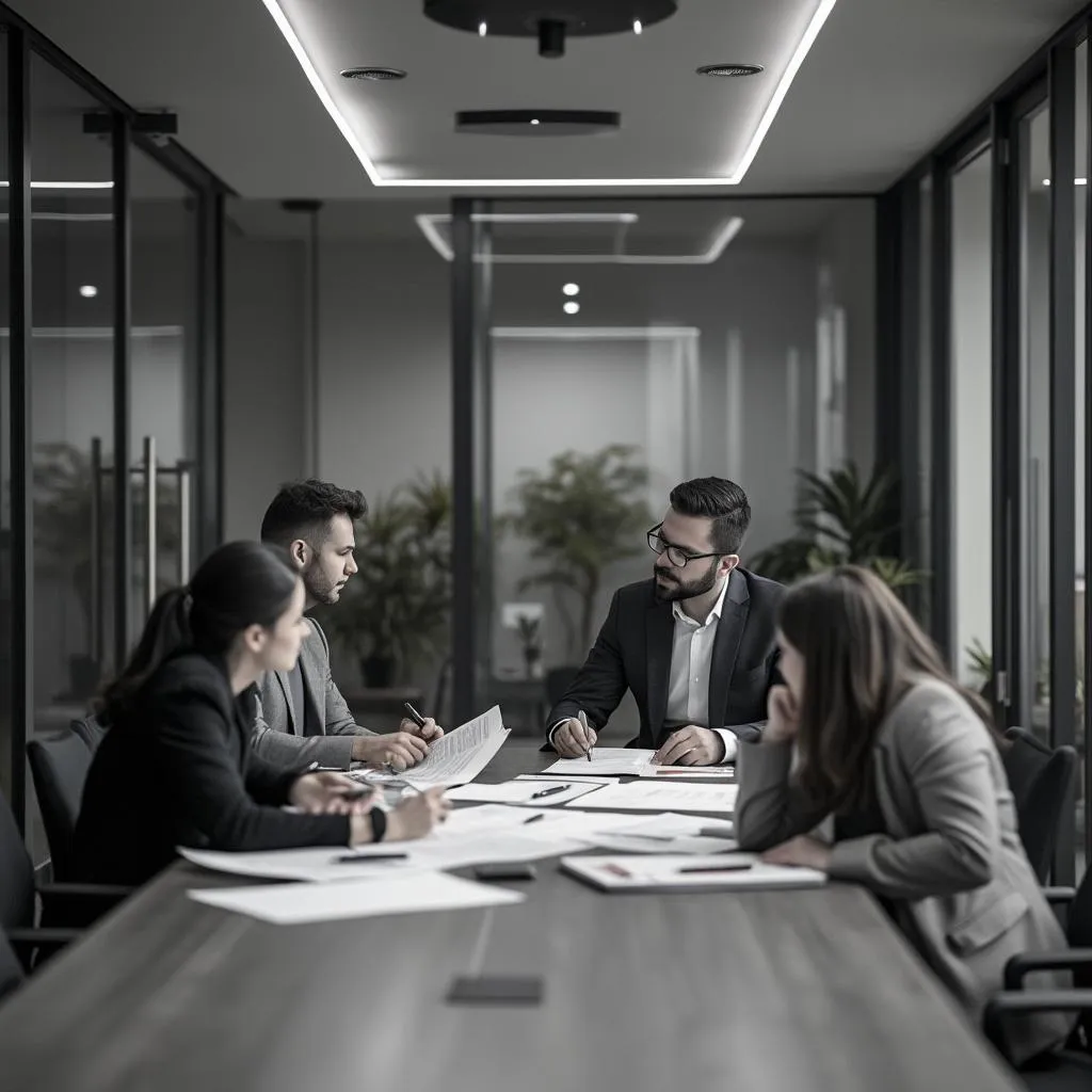 Equipo en reunión estratégica con clientes